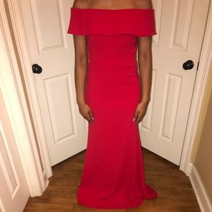 red off the shoulder prom dress